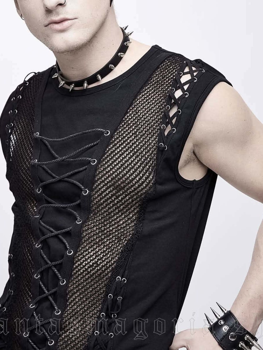 Men's Punk Rave Black Gothic Lace-Up Muscle Tank Top